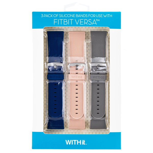 Designer Silicone Bands for Fitbit Versa and Versa 2 by WITHit - 3 Pack in Navy, Blush Pink, and Light Gray