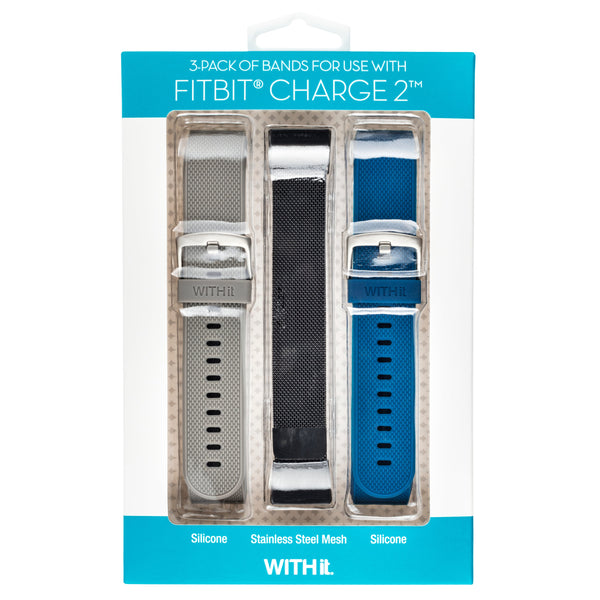 Designer Bands for Fitbit Charge 2 by WITHit - 3 Pack in Gray Silicone, Navy Silicone & Black Mesh