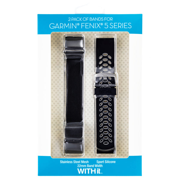 Designer Bands for 22mm Garmin fēnix 5, 5 Plus & 6 - 2 Pack in Black/Gray Sport & Black Mesh