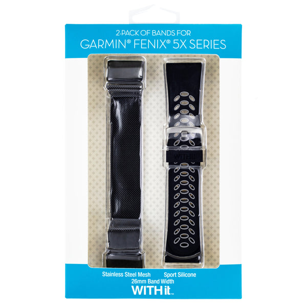 Designer Bands for 26mm Garmin fēnix 5X, 5X Plus & 6X - 2 Pack in Black/Gray Sport & Black Mesh