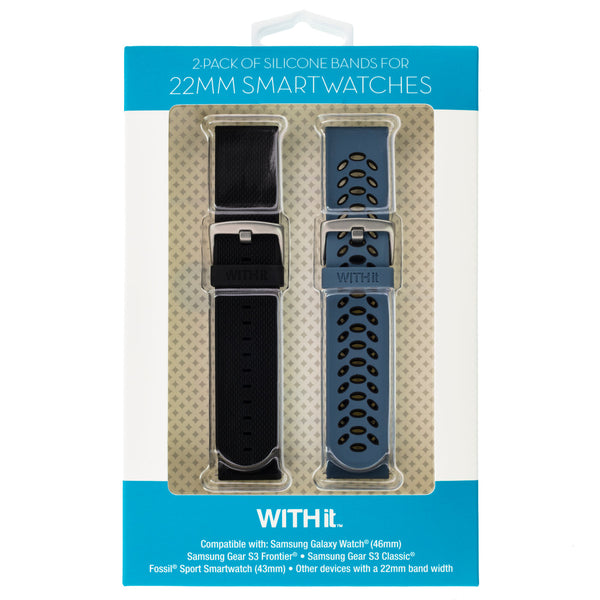Sport Silicone Bands for Samsung Universal 22mm Smartwatch by WITHit - 2 Pack in Bluestone/Black and Black