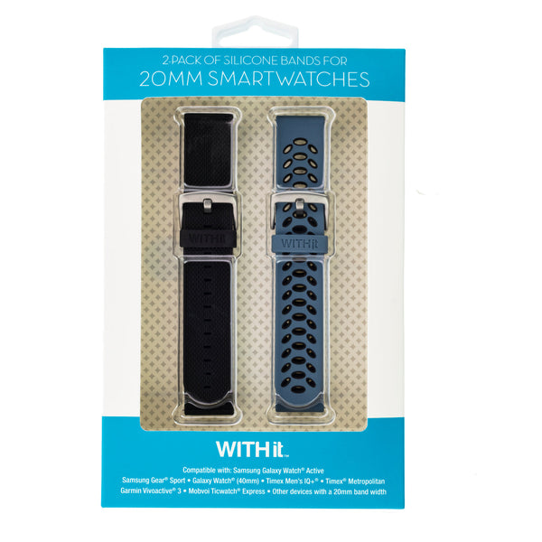 Sport Silicone Bands for Samsung Universal 20mm Smartwatch by WITHit - 2 Pack in Bluestone/Black and Black