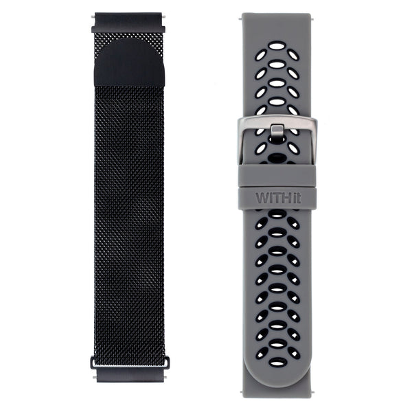 Designer Bands for Samsung Universal 22mm Smartwatch by WITHit - 2 Pack in Black Mesh and Gray/Black Silicone Sport