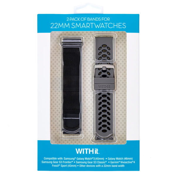 Designer Bands for Samsung Universal 22mm Smartwatch by WITHit - 2 Pack in Black Mesh and Gray/Black Silicone Sport