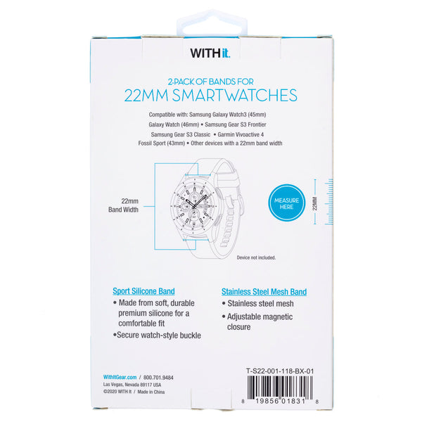Designer Bands for Samsung Universal 22mm Smartwatch by WITHit - 2 Pack in Black Mesh and Gray/Black Silicone Sport