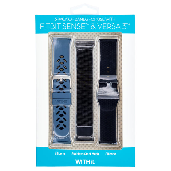 Silicone FitBit Band, 3-Pack in Black Mesh, Bluestone Silicone, Black Woven