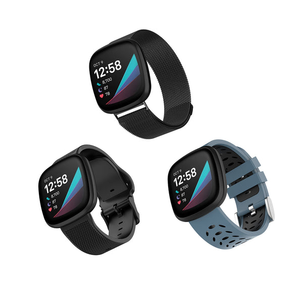 Silicone FitBit Band, 3-Pack in Black Mesh, Bluestone Silicone, Black Woven