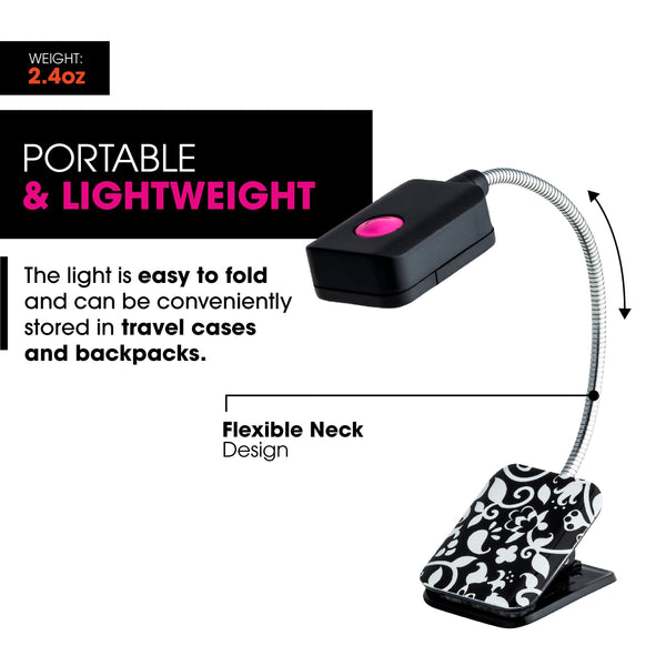LED Book and Reading Light by French Bull - Black and White Floral Vine Pattern