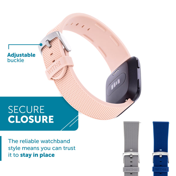 Designer Silicone Bands for Fitbit Versa and Versa 2 by WITHit - 3 Pack in Navy, Blush Pink, and Light Gray