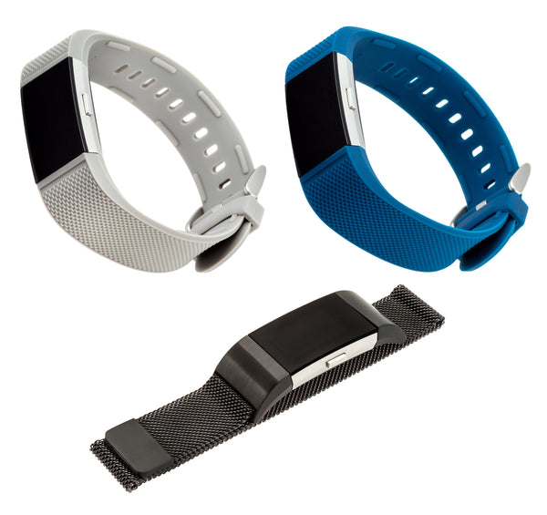 Designer Bands for Fitbit Charge 2 by WITHit - 3 Pack in Gray Silicone, Navy Silicone & Black Mesh