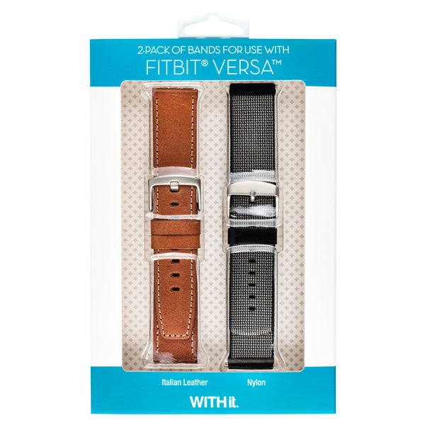 Leather FitBit Versa Band, 2-Pack in Brown, Black Nylon