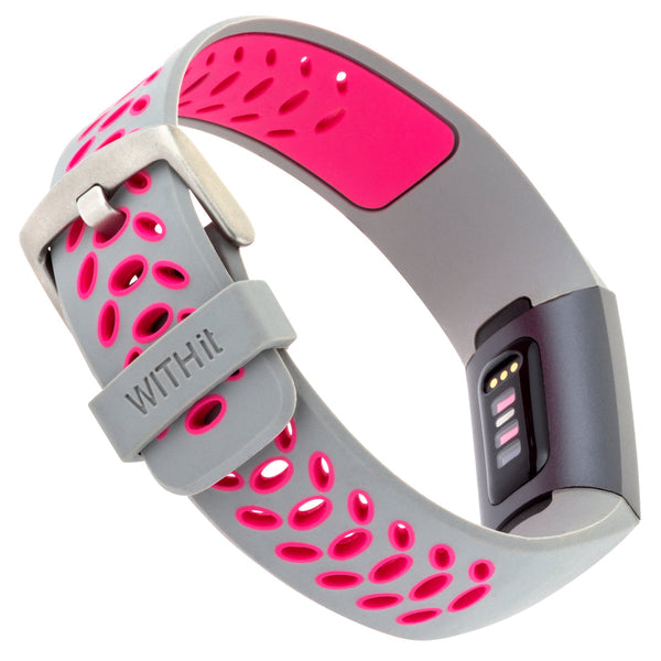 Designer Silicone Band for Fitbit Charge 3 & Charge 4 by WITHit in Gray/Pink Sport