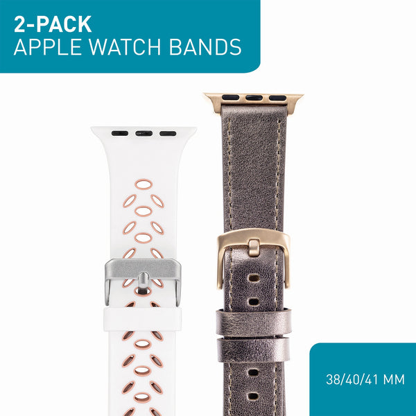 WITHit Designer Bands for 38/40/41mm Apple Watch - 2 Pack in Bronze Leather & Silicone Sport White/Pink