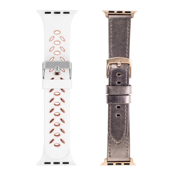 WITHit Designer Bands for 38/40/41mm Apple Watch - 2 Pack in Bronze Leather & Silicone Sport White/Pink