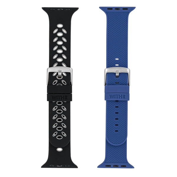 WITHit Designer Bands for 42/44/45mm Apple Watch - 2 Pack in Black/Gray Sport Silicone & Blue Woven Silicone