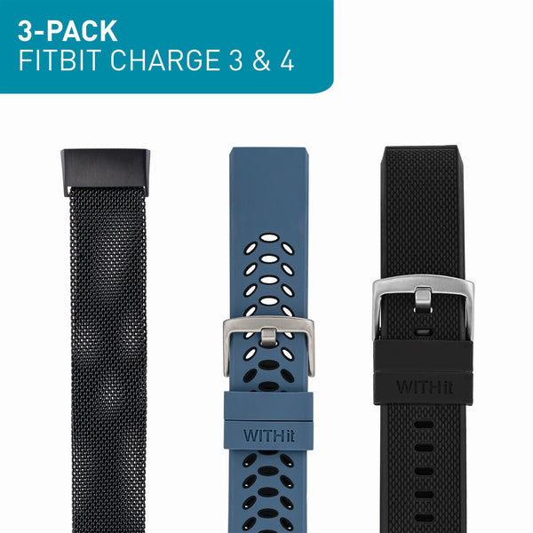 Designer Bands for Fitbit Charge 3 & Charge 4 by WITHit - 3 Pack in Bluestone/Black Sport Silicone, Black Woven Silicone & Black Mesh