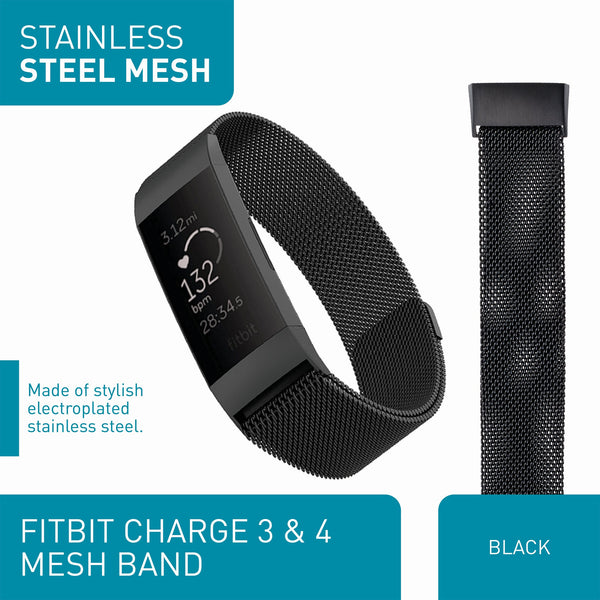 Designer Bands for Fitbit Charge 3 & Charge 4 by WITHit - 3 Pack in Bluestone/Black Sport Silicone, Black Woven Silicone & Black Mesh