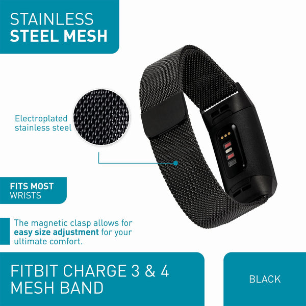 Designer Bands for Fitbit Charge 3 & Charge 4 by WITHit - 3 Pack in Bluestone/Black Sport Silicone, Black Woven Silicone & Black Mesh