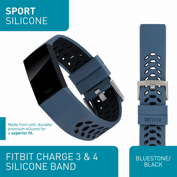 Designer Bands for Fitbit Charge 3 & Charge 4 by WITHit - 3 Pack in Bluestone/Black Sport Silicone, Black Woven Silicone & Black Mesh