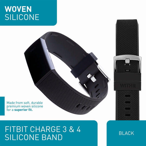 Designer Bands for Fitbit Charge 3 & Charge 4 by WITHit - 3 Pack in Bluestone/Black Sport Silicone, Black Woven Silicone & Black Mesh
