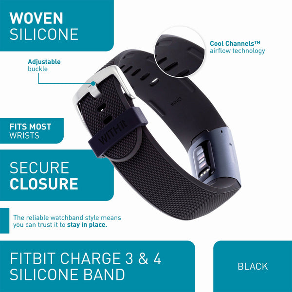 Designer Bands for Fitbit Charge 3 & Charge 4 by WITHit - 3 Pack in Bluestone/Black Sport Silicone, Black Woven Silicone & Black Mesh