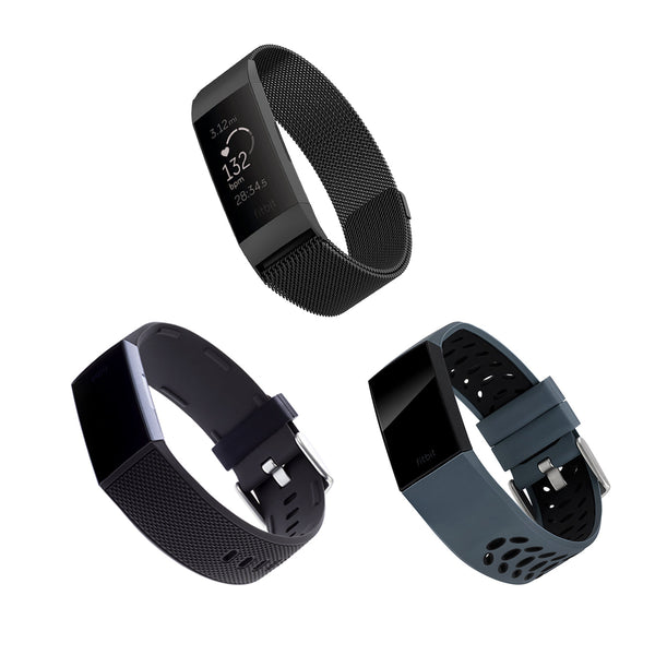 Designer Bands for Fitbit Charge 3 & Charge 4 by WITHit - 3 Pack in Bluestone/Black Sport Silicone, Black Woven Silicone & Black Mesh